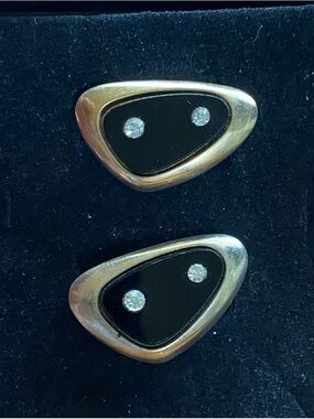 Sarah Coventry Gold Tone Black Enamel Cuff Links Clear Rhinestones “Atomic”